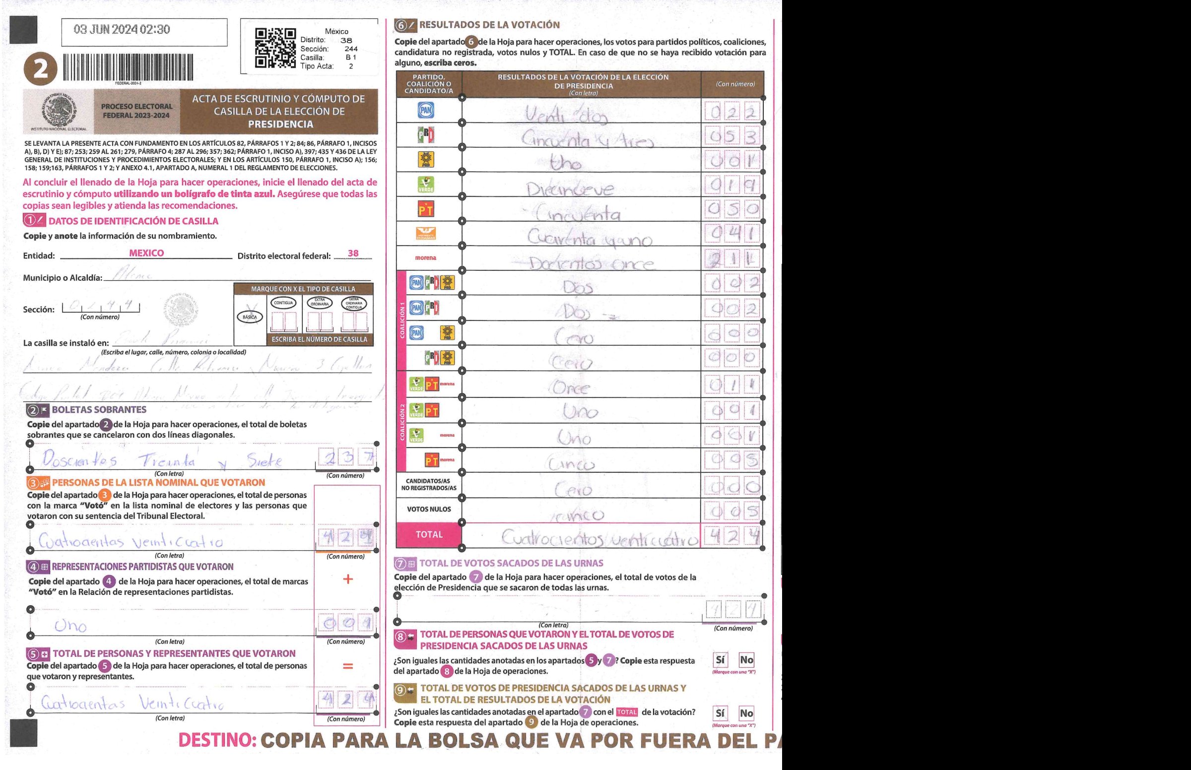Privacy-masked page of form 150244B0100