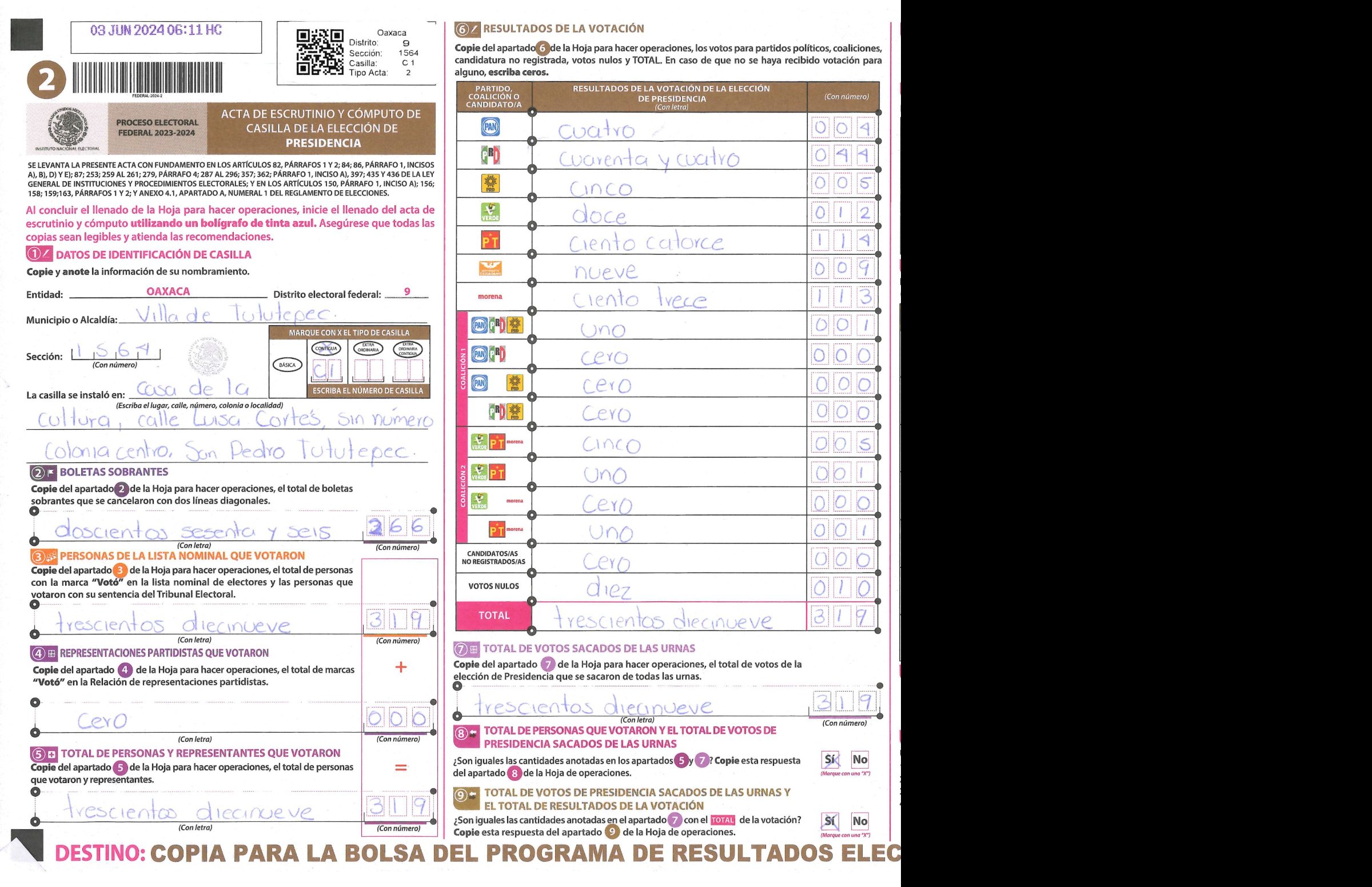Privacy-masked page of form 201564C0100