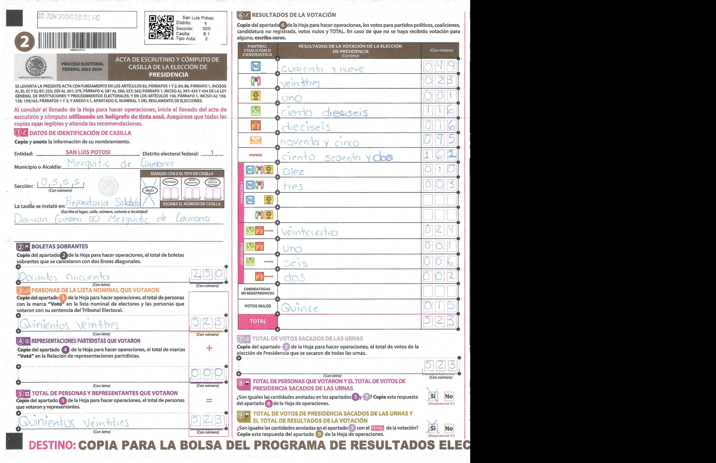 Privacy-masked page of form 240555B0100