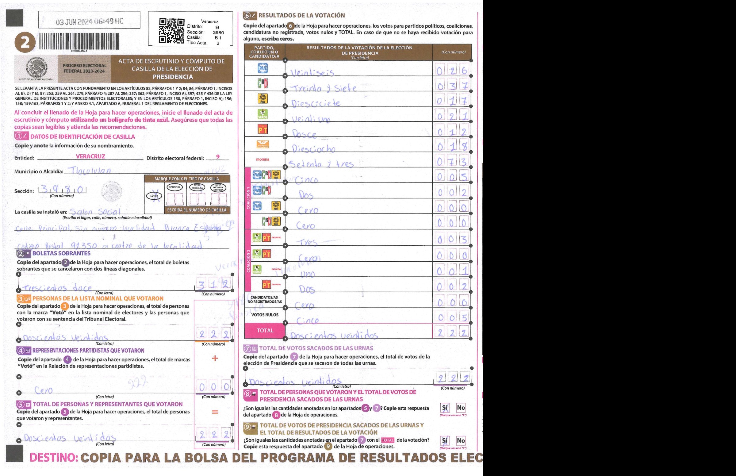 Privacy-masked page of form 303980B0100