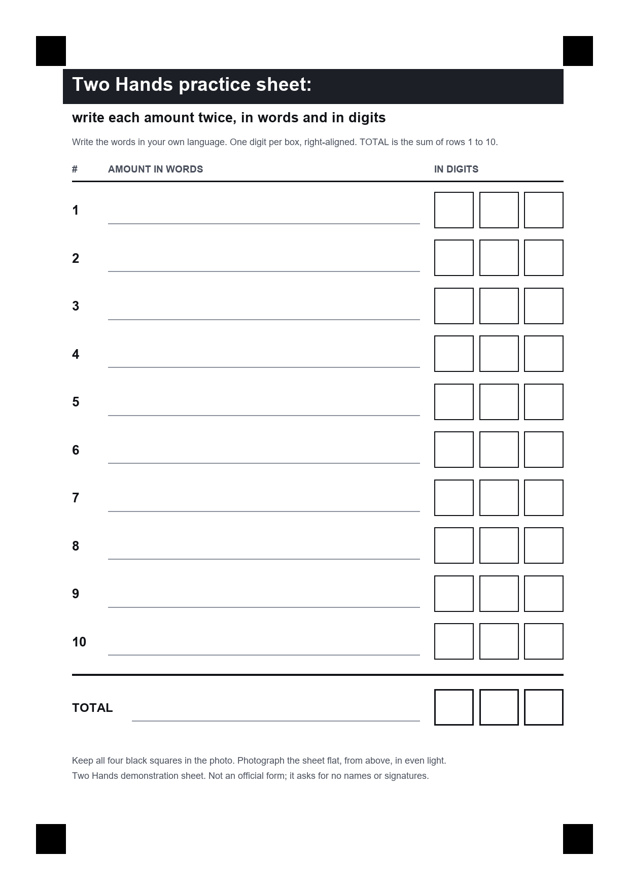 The Two Hands practice sheet: 10 rows, words on the left, digit boxes on the right, and a TOTAL row